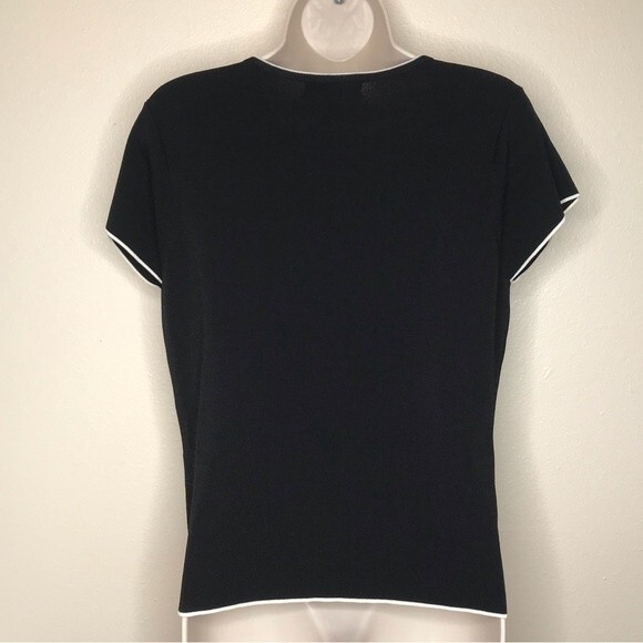 Vintage Carducci Black Cream Seaming Trim Short Sleeve Round Neck 90s Top Large - Picture 5 of 11